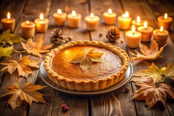 Warm golden lighting illuminates a perfectly baked pumpkin pie centered on a rustic wooden table amidst autumnal leaves and candles in a cozy festive atmosphere.