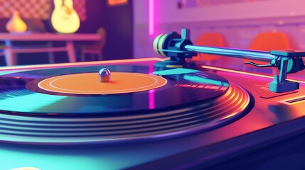 Obraz premium Close-up of a Vinyl Record on a Turntable with Neon Lights.