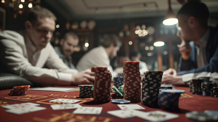 a group of men at a bachelor party playing poker in a private lounge, with stacks of chips and cards on the table