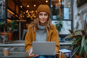 A woman wearing a knit hat and a warm jacket works on her laptop outside a cozy cafe, sitting in a relaxed posture and being productive amidst a serene setting.