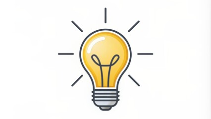 Simple line icon of a light bulb on a white background, symbolizing ideas, solutions, and thinking, representing electricity and innovation with a bright shining light.