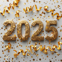 Gold 2025 numerals surrounded by gold confetti and streamers on a white background. 2025 New Years Eve Celebration. Made with generative ai. 