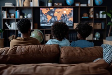 A family of three watches a world map program on a large screen, sitting cozy on their couch, surrounded by bookshelves and decor featuring a modern home interior setting.
