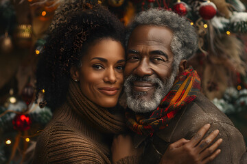 Obraz premium Winter Portrait of a Couple Smiling at the Camera During Christmas and New Year. Capturing the Warmth, Love, and Festive Spirit of the Holiday Season. A Joyful Scene Reflecting Togetherness, Kindness,