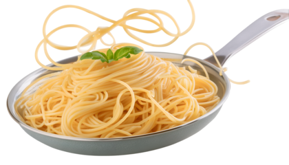 A delectable serving of spaghetti in a sleek pan, garnished with fresh basil for an appetizing touch.