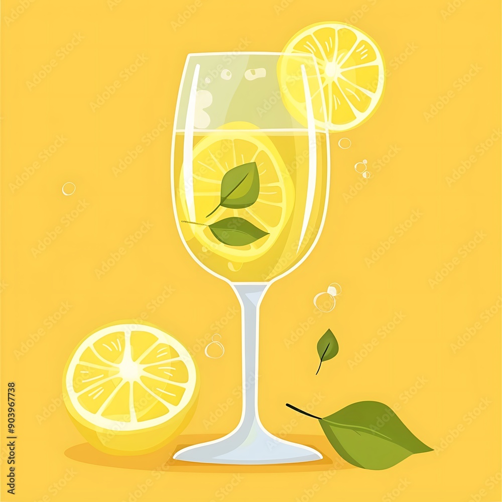 Poster Glass of lemonade with lemon slices and leaves on yellow background.