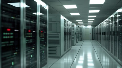 Technology Hubs: Modern Server Room with Rows of Advanced Data Storage Units. High-Tech Infrastructure Showcasing Cutting-Edge Computing Power, Network Connectivity, and Cloud Solutions for Enterprise
