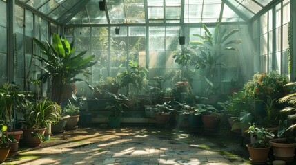 Interior of a greenhouse with plants and trees in the sunlight.