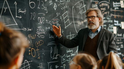 a teacher in a classroom, standing in front of a blackboard, explaining a math problem