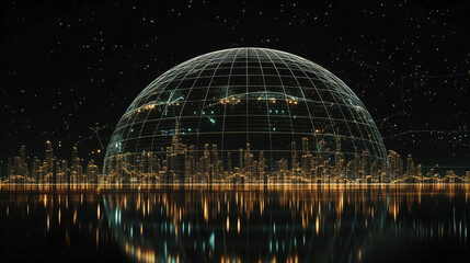 Fototapeta premium futuristic scene of AI network covering a whole modern city at night