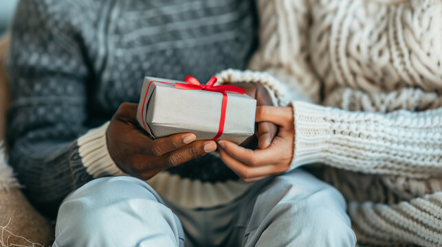 a couple exchanging gifts on Valentine&rsquo;s Day, sitting on a cozy sofa