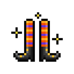 Funny witch legs in striped bright socks and boots isolated on transparent background. Shoes icon. Halloween costume element. Vector pixel art illustration in 16 bit old style.