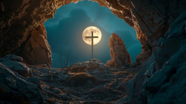 A captivating night scene with a wooden cross on an elevated area surrounded by rocks, under a bright full moon, evoking themes of nature and spirituality.