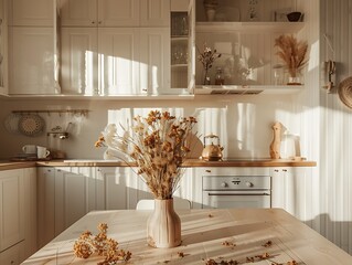 Kitchen table with dried flowers, white cabinets, cozy wooden interior, daylight shadows, detailed presentation photo.