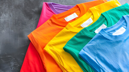 A pile of colorful tshirts. arranged neatly on top of each other with different colors and sizes 