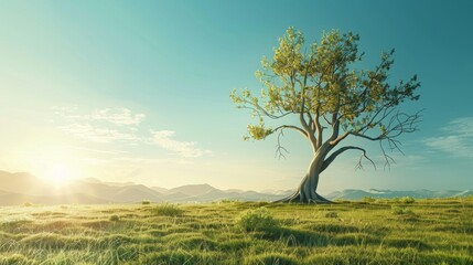 Obraz premium A serene scene with a unique tree in a grassy field, bright sun, and hills in the distance, creating a peaceful atmosphere of fertile land.