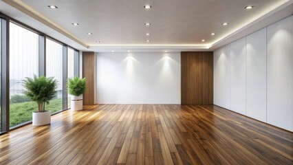 Modern minimalist interior with sleek wooden flooring and vast blank white wall, perfect for showcasing decorations, artwork, or products in a clean and elegant setting.
