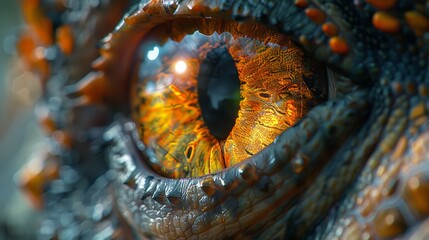 Obraz premium Close-up view of a dragon's orange and blue eye with dark scales, creating a vivid and mysterious appearance, highlighting its mythical nature.