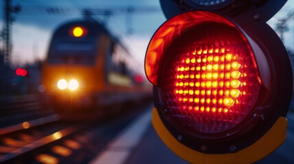 Image: red railroad signal lantern near tracks, fast moving yellow train, overhead power lines. Implied nighttime setting with dynamic motion.