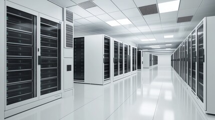 Technology Hubs: Modern Server Room with Rows of Advanced Data Storage Units. High-Tech Infrastructure Showcasing Cutting-Edge Computing Power, Network Connectivity, and Cloud Solutions for Enterprise