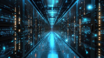 Technology Hubs: Modern Server Room with Rows of Advanced Data Storage Units. High-Tech Infrastructure Showcasing Cutting-Edge Computing Power, Network Connectivity, and Cloud Solutions for Enterprise