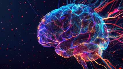 Abstract digital brain with neon lines and particles.