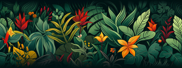 Illustration Of A Lush Jungle With Vibrant Flowers And Plants