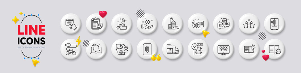 Reminder, Delivery truck and Attachment line icons. White buttons 3d icons. Pack of Freezing, Product knowledge, Approved documentation icon. Electric bike, Mortgage, Spanner pictogram. Vector