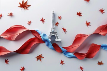 3D Eiffel Tower in the middle of two large red and blue ribbons. The background is white with small falling petals around it. The tower has a golden metal texture. The picture is very delicate