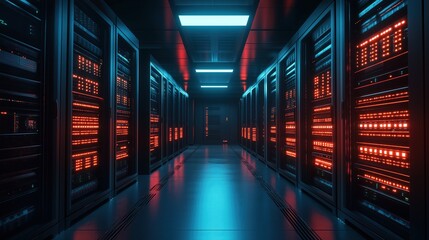 Technology Hubs: Modern Server Room with Rows of Advanced Data Storage Units. High-Tech Infrastructure Showcasing Cutting-Edge Computing Power, Network Connectivity, and Cloud Solutions for Enterprise