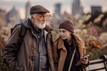Fototapeta premium An elderly man with a white beard and a young girl walking together in a city park with tall buildings in the background on a pleasant day.