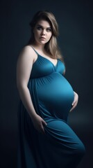 A graceful pregnant woman in a blue dress, showcasing her baby bump against a dark backdrop, embodying beauty and motherhood.
