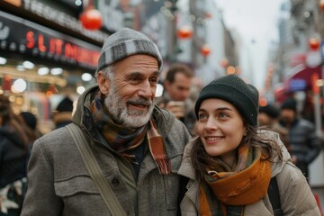 Obraz premium A warm moment as an elderly man and young woman share smiles at a vibrant outdoor market, highlighting the warmth of familial bonds amid an energetic environment.