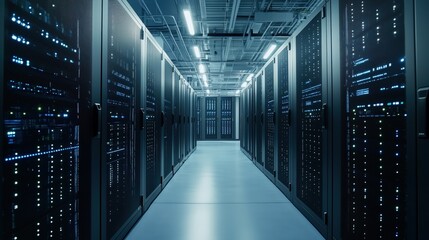 Technology Hubs: Modern Server Room with Rows of Advanced Data Storage Units. High-Tech Infrastructure Showcasing Cutting-Edge Computing Power, Network Connectivity, and Cloud Solutions for Enterprise