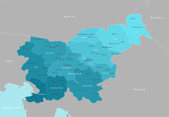 Vector modern illustration. Simplified administrative map of Slovenia. Border with nearest states Austria, Croatia, Italy and etc. Blue background of Adriatic sea. Names of cities and regions