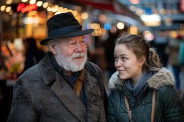 Obraz premium An elderly man and young woman smile warmly as they enjoy the sights and sounds of an outdoor market, encapsulating a moment of joy and intergeneration connection.