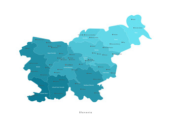 Vector isolated illustration. Simplified administrative map of Slovenia. Blue shapes of regions. Names of cities