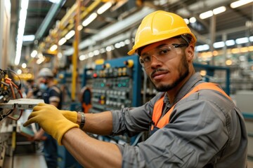 An industrial worker intensely focuses on operating machinery in a factory, demonstrating precision and commitment while wearing appropriate safety gear and gloves.