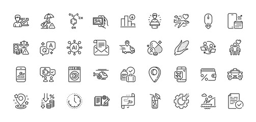 Delivery truck, Teamwork process and Taxi line icons pack. AI, Question and Answer, Map pin icons. Target path, Water glass, Puzzle web icon. Vector