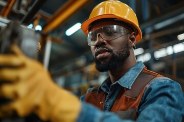 A factory worker wearing a helmet and gloves is focused on performing their job in an industrial setting, highlighting occupational safety and attention to detail in the workspace.