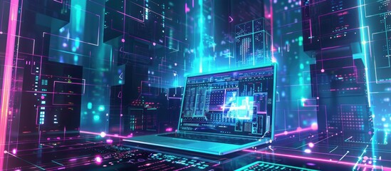 Fototapeta premium Cyberpunk Laptop in a Digital City