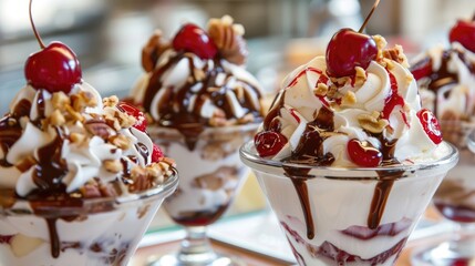Close-up of a delicious sundae with whipped cream, chocolate sauce, and cherries.
