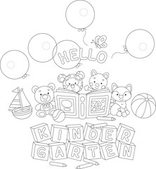 Hello kindergarten card with funny cartoony baby animals reading a book of fairy tales, bricks with letters, pencils, toys and holiday balloons, black and white vector illustration