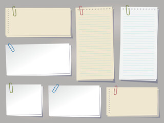 Set of different papers with paper clip on transparent background.