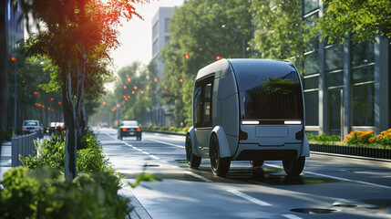 Small smart courier van is delivering goods on city road, concept of autonomous driving in modern logistics and express industry