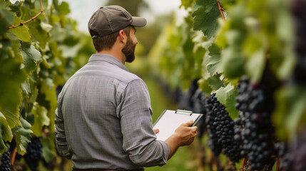 happy vineyard manager inspecting grapes from behind with vineyard tools and clipboard captured with 50mm lens golden ratio composition