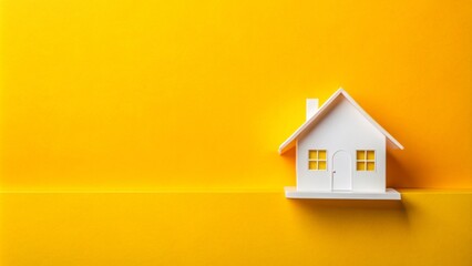 Vibrant yellow background features a small white toy house, symbolizing a dream home, with a blank banner above, perfect for adding mortgage or property insurance text.
