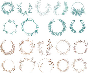 Modern wedding invitation decoration set with round decorative floral frames and laurel branches.