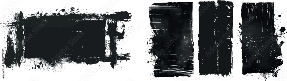 Poster black paint brush strokes on dirty frames. ink rectangle edges with distressed texture. modern rough