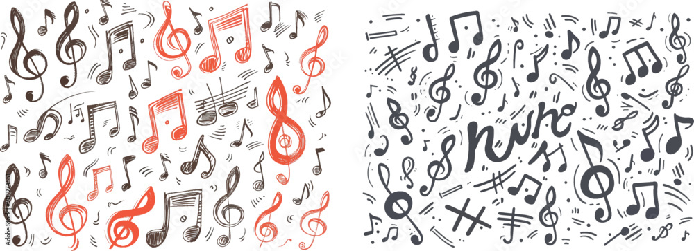 Fototapete music notes and clef with rest, treble and bass elements. musical notation doodle symbol elements.